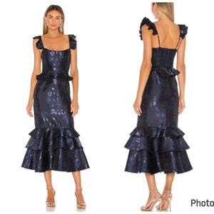 V Chapman‎ Violet Dress Floral In Navy Size 14 Midi Ruffle Corset Tiered